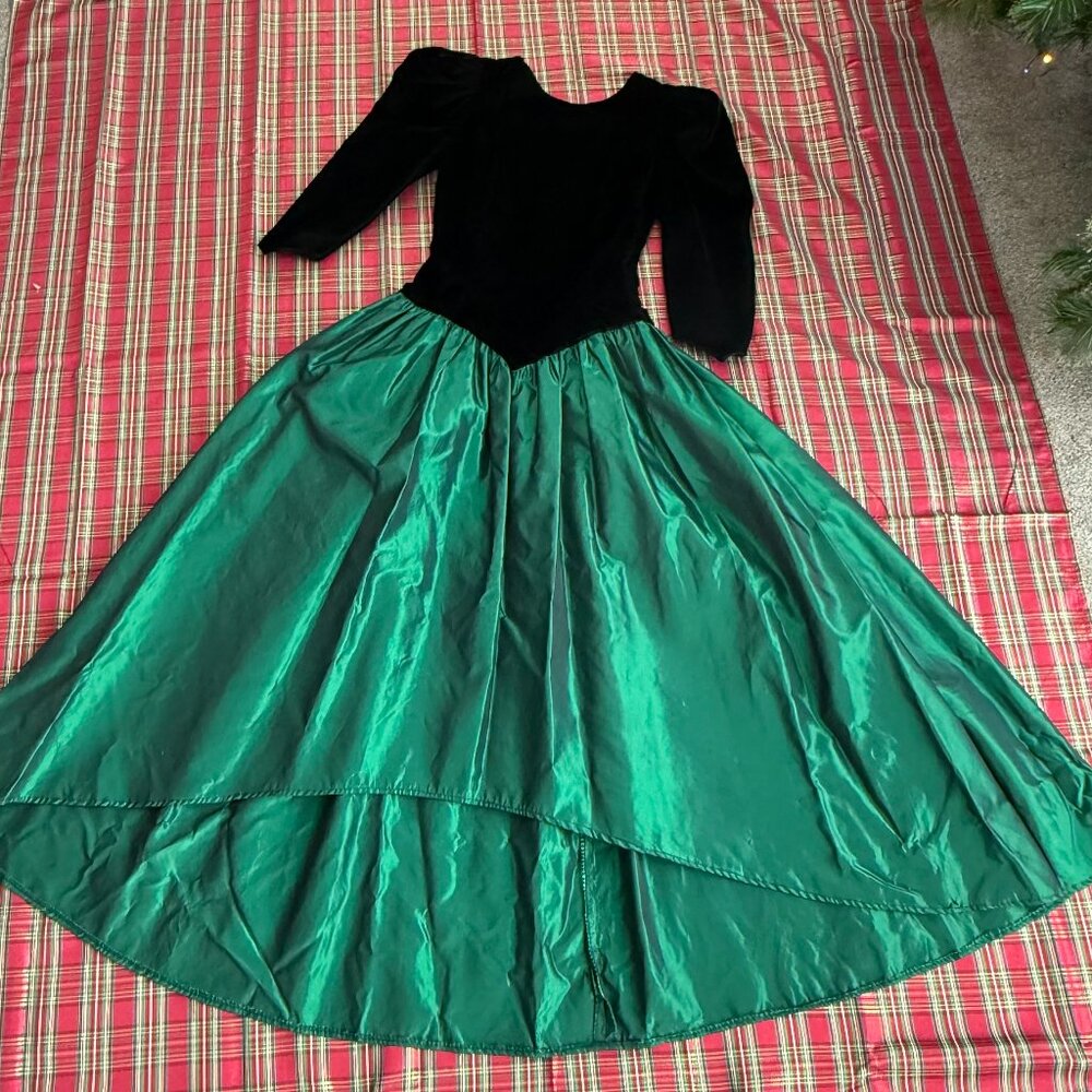 Vintage green taffeta and black velvet Christmas gown.